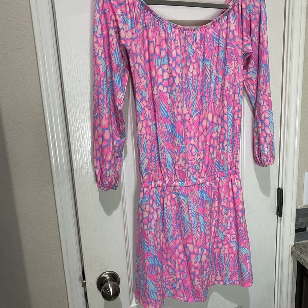 Lilly Pulitzer Vibrant Pink and Blue Long Sleeve off the solder romper skort - Picture 4 of 6